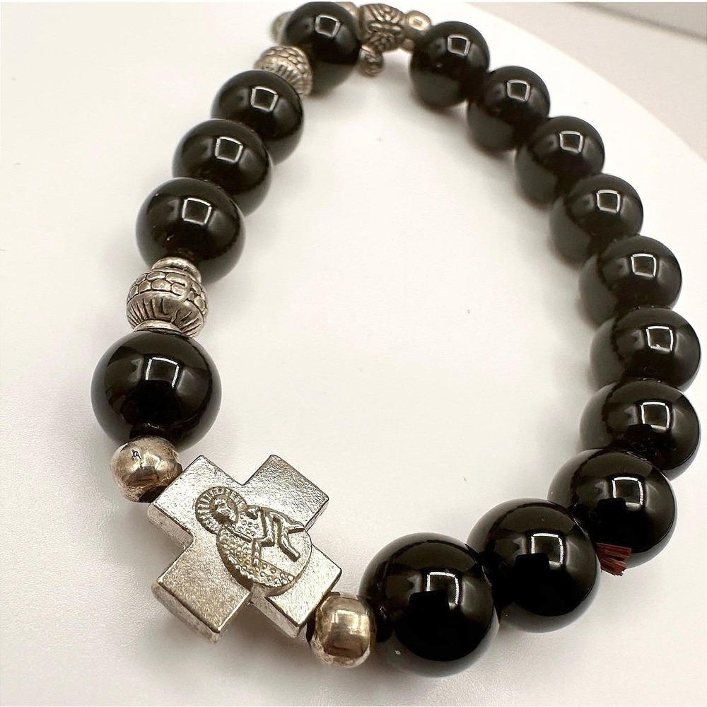 Vintage St Benedict Black Onyx Bead Bracelet Catholic Religious Cross‎ Statement